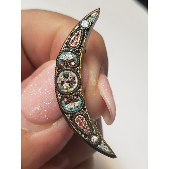 Antique Victorian Italy Micro Mosaic Cresent Moon Brass Frame Brooch Marked FAP - Picture 13 of 13